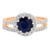 2.50 Carat (ctw) 10K Rose Gold Round Cut Blue Sapphire & White Diamond Ladies Bridal Halo Engagement Ring With Matching Band Set