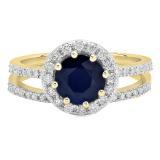 2.50 Carat (ctw) 10K Yellow Gold Round Cut Blue Sapphire & White Diamond Ladies Bridal Halo Engagement Ring With Matching Band Set