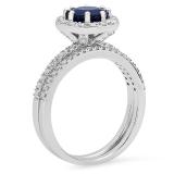 2.50 Carat (ctw) 18K White Gold Round Cut Blue Sapphire & White Diamond Ladies Bridal Halo Engagement Ring With Matching Band Set