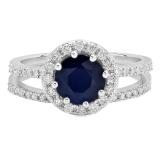2.50 Carat (ctw) 18K White Gold Round Cut Blue Sapphire & White Diamond Ladies Bridal Halo Engagement Ring With Matching Band Set