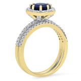 2.50 Carat (ctw) 18K Yellow Gold Round Cut Blue Sapphire & White Diamond Ladies Bridal Halo Engagement Ring With Matching Band Set