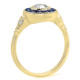 1.20 Carat (ctw) 18K Yellow Gold Round Cut Blue Sapphire & White Diamond Ladies Bridal Halo Engagement Ring 1 1/4 CT