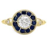 1.20 Carat (ctw) 18K Yellow Gold Round Cut Blue Sapphire & White Diamond Ladies Bridal Halo Engagement Ring 1 1/4 CT