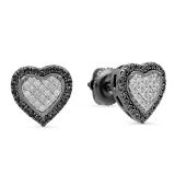 0.35 Carat (ctw) Black Plated Sterling Silver Round Cut Black & White Diamond Ladies Heart Shape Fashion Stud Earrings 1/3 CT