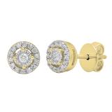 Round White Diamond Centre Halo Illusion Set with Sided Rectangular Grooves Stud Earrings for Women (0.20 ctw, Color I-J, Clarity I2-I3) in 10K Yellow Gold in Push Back