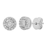 Round White Diamond Centre Halo Illusion Set with Sided Rectangular Grooves Stud Earrings for Women (0.20 ctw, Color I-J, Clarity I1-I2) in 14K White Gold in Push Back