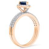 1.05 Carat (ctw) 10K Rose Gold Heart Cut Blue Sapphire & Round Cut White Diamond Ladies Heart Shaped Bridal Engagement Ring With Matching Band Set 1 CT