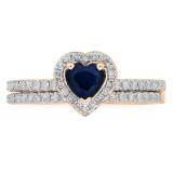 1.05 Carat (ctw) 10K Rose Gold Heart Cut Blue Sapphire & Round Cut White Diamond Ladies Heart Shaped Bridal Engagement Ring With Matching Band Set 1 CT