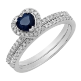 1.05 Carat (ctw) 10K White Gold Heart Cut Blue Sapphire & Round Cut White Diamond Ladies Heart Shaped Bridal Engagement Ring With Matching Band Set 1 CT