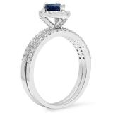 1.05 Carat (ctw) 10K White Gold Heart Cut Blue Sapphire & Round Cut White Diamond Ladies Heart Shaped Bridal Engagement Ring With Matching Band Set 1 CT