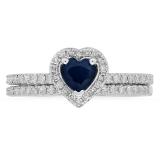 1.05 Carat (ctw) 10K White Gold Heart Cut Blue Sapphire & Round Cut White Diamond Ladies Heart Shaped Bridal Engagement Ring With Matching Band Set 1 CT