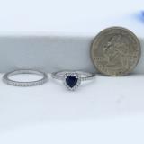 1.05 Carat (ctw) 10K White Gold Heart Cut Blue Sapphire & Round Cut White Diamond Ladies Heart Shaped Bridal Engagement Ring With Matching Band Set 1 CT