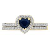 1.05 Carat (ctw) 10K Yellow Gold Heart Cut Blue Sapphire & Round Cut White Diamond Ladies Heart Shaped Bridal Engagement Ring With Matching Band Set 1 CT