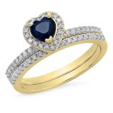 1.05 Carat (ctw) 18K Yellow Gold Heart Cut Blue Sapphire & Round Cut White Diamond Ladies Heart Shaped Bridal Engagement Ring With Matching Band Set 1 CT