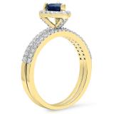 1.05 Carat (ctw) 18K Yellow Gold Heart Cut Blue Sapphire & Round Cut White Diamond Ladies Heart Shaped Bridal Engagement Ring With Matching Band Set 1 CT