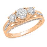 1.40 Carat (ctw) 10K Rose Gold Round White Diamond 3 Stone Ladies Promise Bridal Engagement Ring