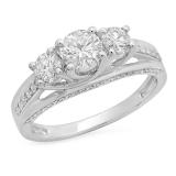 1.40 Carat (ctw) 10K White Gold Round White Diamond 3 Stone Ladies Promise Bridal Engagement Ring