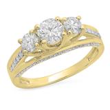 1.40 Carat (ctw) 14K Yellow Gold Round White Diamond 3 Stone Ladies Promise Bridal Engagement Ring