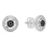 0.30 Carat (ctw) Sterling Silver Round Black & White Diamond Ladies Cluster Stud Earrings 1/3 CT