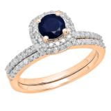 1.40 Carat (ctw) 18K Rose Gold Round Cut Blue Sapphire & White Diamond Ladies Bridal Halo Engagement Ring With Matching Band Set