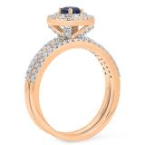 1.40 Carat (ctw) 18K Rose Gold Round Cut Blue Sapphire & White Diamond Ladies Bridal Halo Engagement Ring With Matching Band Set