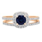 1.40 Carat (ctw) 18K Rose Gold Round Cut Blue Sapphire & White Diamond Ladies Bridal Halo Engagement Ring With Matching Band Set