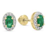 0.60 Carat (ctw) 18K Yellow Gold Oval Cut Emerald & Round Cut White Diamond Ladies Halo Style Fashion Stud Earrings