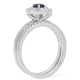 0.80 Carat (ctw) 14K White Gold Round Blue Sapphire And White Diamond Ladies Halo Style Bridal Engagement Ring Matching Band Set 3/4 CT