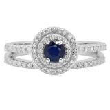 0.80 Carat (ctw) 14K White Gold Round Blue Sapphire And White Diamond Ladies Halo Style Bridal Engagement Ring Matching Band Set 3/4 CT