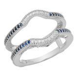 0.50 Carat (ctw) 14K White Gold Round Blue Sapphire & White Diamond Ladies Anniversary Wedding Band Enhancer Double Guard Ring 1/2 CT