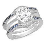 0.50 Carat (ctw) 14K White Gold Round Blue Sapphire & White Diamond Ladies Anniversary Wedding Band Enhancer Double Guard Ring 1/2 CT
