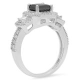 2.00 Carat (ctw) 10K White Gold Princess & Round Cut Black & White Diamond Ladies Bridal Halo Style Octagon Engagement Ring 2 CT