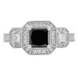 2.00 Carat (ctw) 10K White Gold Princess & Round Cut Black & White Diamond Ladies Bridal Halo Style Octagon Engagement Ring 2 CT