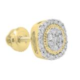 0.15 Carat (ctw) Round White Diamond Cushion Shape Frame Floral Cluster (1Pc) Stud Earring for Women | 10K Yellow Gold