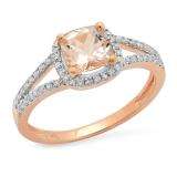 1.05 Carat (ctw) 18K Rose Gold Cushion Cut Morganite & Round Cut White Diamond Ladies Bridal Split Shank Halo Style Engagement Ring 1 CT