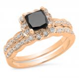 1.80 Carat (ctw) 10K Rose Gold Princess & Round Cut Black & White Diamond Ladies Bridal Halo Style Engagement Ring Set With Matching Band