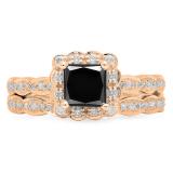 1.80 Carat (ctw) 10K Rose Gold Princess & Round Cut Black & White Diamond Ladies Bridal Halo Style Engagement Ring Set With Matching Band
