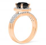 2.40 Carat (ctw) 10K Rose Gold Princess & Round Cut Black & White Diamond Ladies Halo Style Bridal Engagement Ring With Matching Band Set