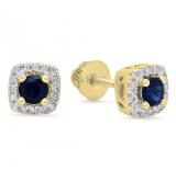 0.40 Carat (ctw) 10K Yellow Gold Round Cut Blue Sapphire & White Diamond Ladies Halo Stud Earrings