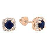 0.85 Carat (ctw) 18K Rose Gold Round Cut Blue Sapphire & White Diamond Ladies Halo Stud Earrings