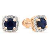 1.60 Carat (ctw) 18K Rose Gold Round Cut Blue Sapphire & White Diamond Ladies Halo Stud Earrings