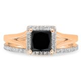 1.80 Carat (ctw) 18K Rose Gold Princess & Round Cut black & White Diamond Ladies Bridal Halo Engagement Ring With Matching Band Set