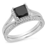 1.80 Carat (ctw) 18K White Gold Princess & Round Cut black & White Diamond Ladies Bridal Halo Engagement Ring With Matching Band Set