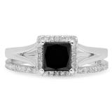 1.80 Carat (ctw) 18K White Gold Princess & Round Cut black & White Diamond Ladies Bridal Halo Engagement Ring With Matching Band Set