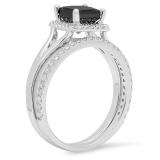1.80 Carat (ctw) 18K White Gold Princess & Round Cut black & White Diamond Ladies Bridal Halo Engagement Ring With Matching Band Set