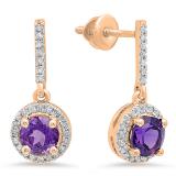 1.10 Carat (ctw) 10K Rose Gold Round Cut Amethyst & White Diamond Ladies Halo Style Dangling Drop Earrings 1 1/10