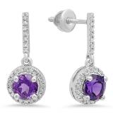 1.10 Carat (ctw) 10K White Gold Round Cut Amethyst & White Diamond Ladies Halo Style Dangling Drop Earrings 1 1/10