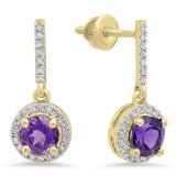 1.10 Carat (ctw) 10K Yellow Gold Round Cut Amethyst & White Diamond Ladies Halo Style Dangling Drop Earrings 1 1/10