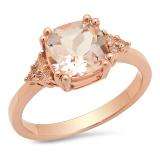 1.95 Carat (ctw) 14K Rose Gold Cushion Cut Morganite & Round White Diamond Ladies Bridal Engagement Ring