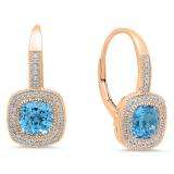 3.00 Carat (ctw) 10K Rose Gold Cushion Cut Blue Topaz & Round Diamond Ladies Halo Style Dangling Drop Earrings 3 CT